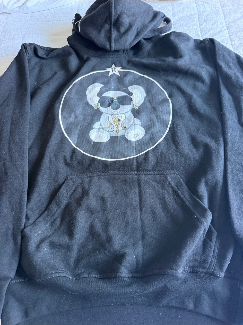 Black Graphic Hoodie with Teddy Bear Print